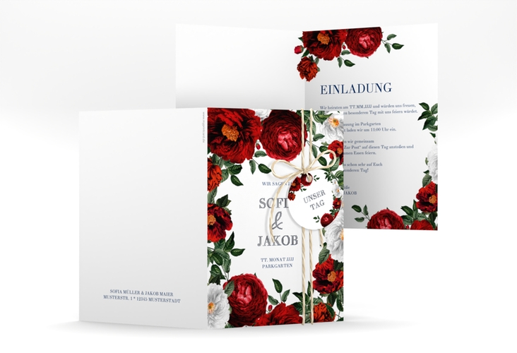 Einladungskarte Hochzeit Florista A6 Klappkarte hoch weiss silber