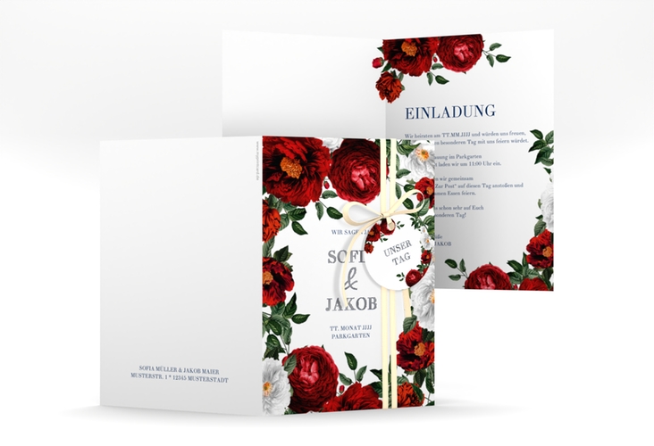 Einladungskarte Hochzeit Florista A6 Klappkarte hoch weiss silber
