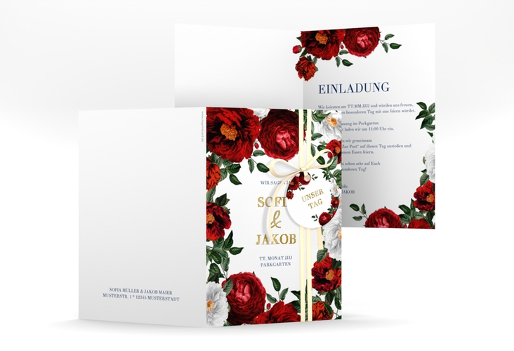 Einladungskarte Hochzeit Florista A6 Klappkarte hoch weiss gold