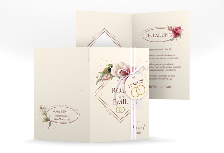 Einladungskarte Hochzeit Rosenbogen A6 Klappkarte hoch beige gold