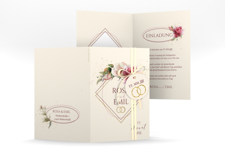 Einladungskarte Hochzeit Rosenbogen A6 Klappkarte hoch beige gold