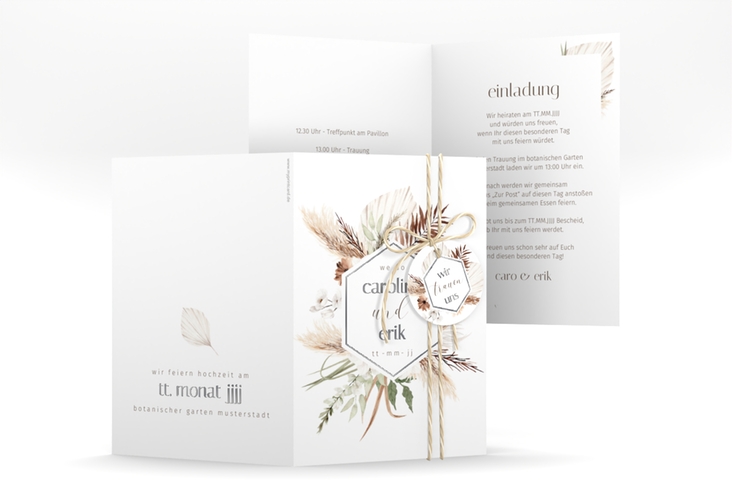 Einladungskarte Hochzeit Bohemian A6 Klappkarte hoch weiss silber mit Gräsern und Trockenblumen für Boho-Hochzeit