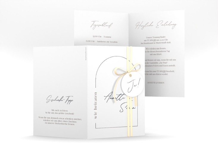 Einladungskarte Hochzeit Rundung A6 Klappkarte hoch weiss silber