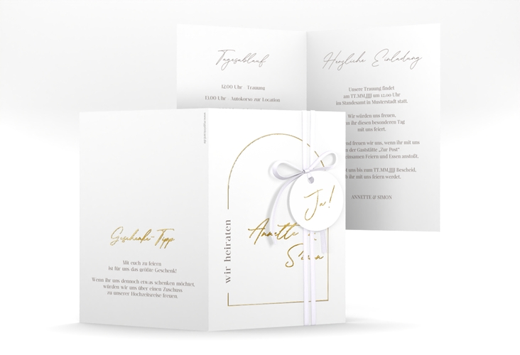 Einladungskarte Hochzeit Rundung A6 Klappkarte hoch weiss gold