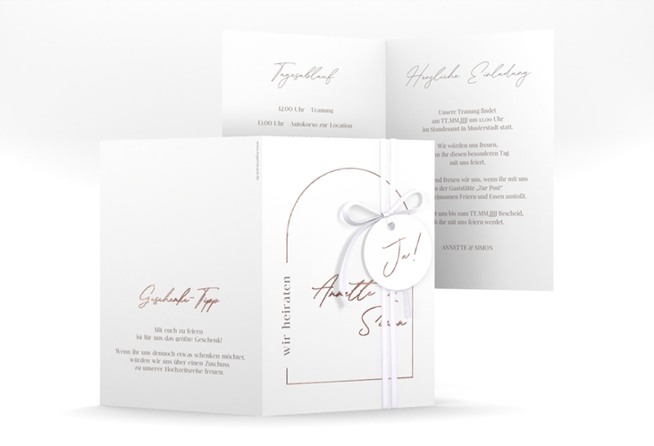 Einladungskarte Hochzeit Rundung A6 Klappkarte hoch weiss rosegold
