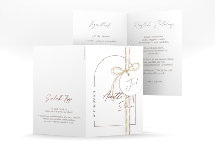 Einladungskarte Hochzeit Rundung A6 Klappkarte hoch weiss rosegold