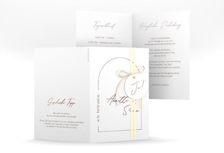 Einladungskarte Hochzeit Rundung A6 Klappkarte hoch weiss rosegold