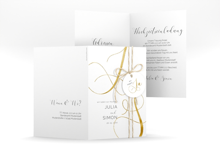 Hochzeitseinladung Eheschließung A6 Klappkarte hoch weiss gold mit Gräsern und Trockenblumen für Boho-Hochzeit