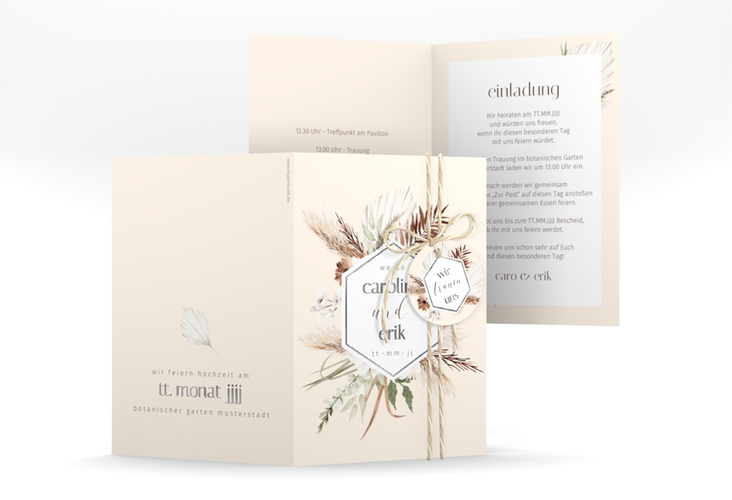 Einladungskarte Hochzeit Bohemian A6 Klappkarte hoch beige silber mit Gräsern und Trockenblumen für Boho-Hochzeit