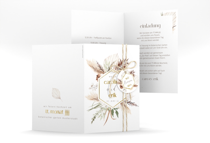Einladungskarte Hochzeit Bohemian A6 Klappkarte hoch weiss gold mit Gräsern und Trockenblumen für Boho-Hochzeit