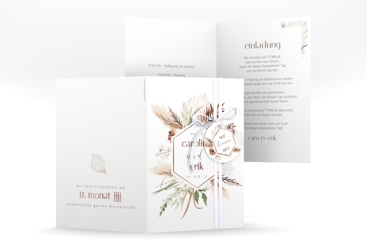 Einladungskarte Hochzeit Bohemian A6 Klappkarte hoch weiss rosegold mit Gräsern und Trockenblumen für Boho-Hochzeit