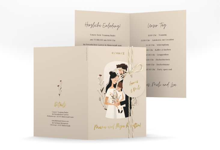 Einladungskarte Hochzeit Familienglück A6 Klappkarte hoch beige gold