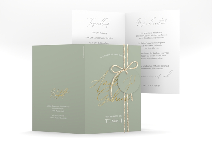 Einladungskarte Hochzeit Federschrift A6 Klappkarte hoch gruen gold in schlichtem Design mit Kalligrafie