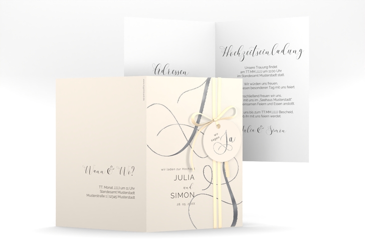 Hochzeitseinladung Eheschließung A6 Klappkarte hoch beige silber mit Gräsern und Trockenblumen für Boho-Hochzeit