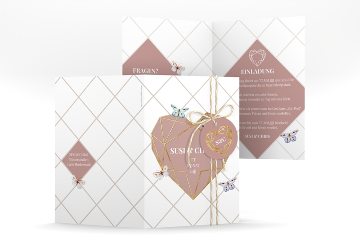 Einladungskarte Hochzeit Butterfly A6 Klappkarte hoch weiss gold mit Schmetterlingen und Herz im Geometric Design