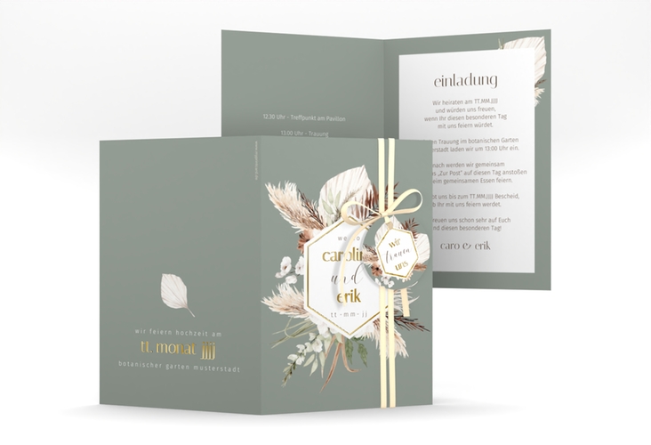 Einladungskarte Hochzeit Bohemian A6 Klappkarte hoch gruen gold mit Gräsern und Trockenblumen für Boho-Hochzeit