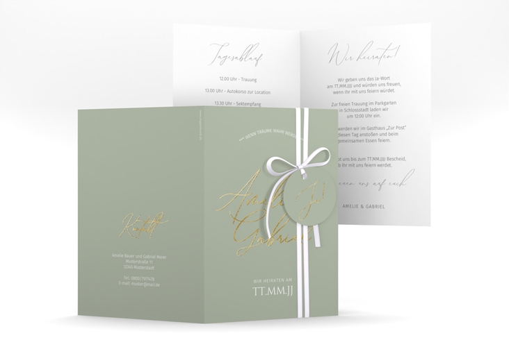 Einladungskarte Hochzeit Federschrift A6 Klappkarte hoch gruen gold in schlichtem Design mit Kalligrafie