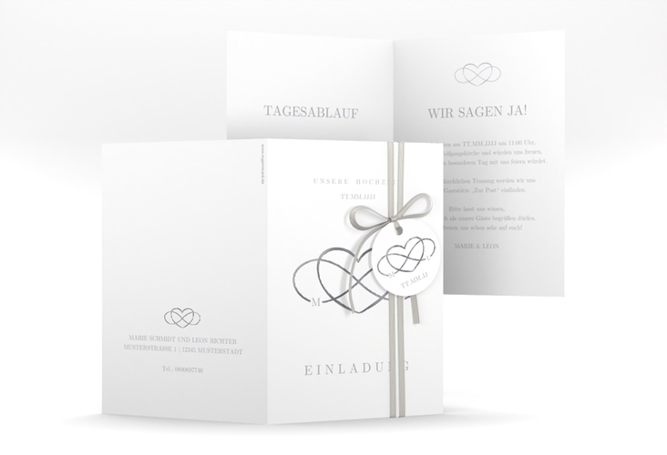 Einladungskarte Hochzeit Infinity A6 Klappkarte hoch grau silber