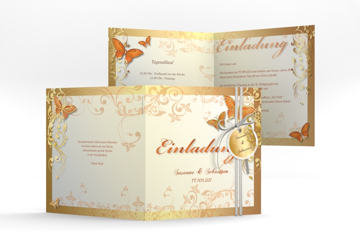 Hochzeitseinladung Toulouse quadr. Klappkarte orange gold romantisch mit Schmetterlingen