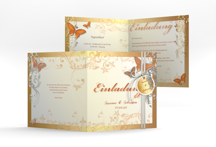 Hochzeitseinladung Toulouse quadr. Klappkarte orange silber romantisch mit Schmetterlingen