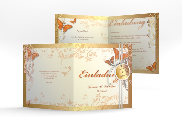 Hochzeitseinladung Toulouse quadr. Klappkarte orange rosegold romantisch mit Schmetterlingen