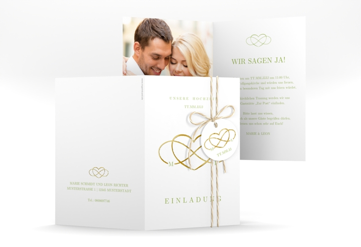 Einladungskarte Hochzeit Infinity A6 Klappkarte hoch gruen gold
