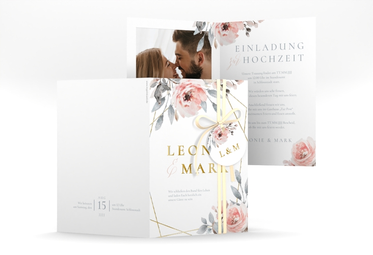 Einladungskarte Hochzeit Perfection A6 Klappkarte hoch weiss gold mit rosa Rosen
