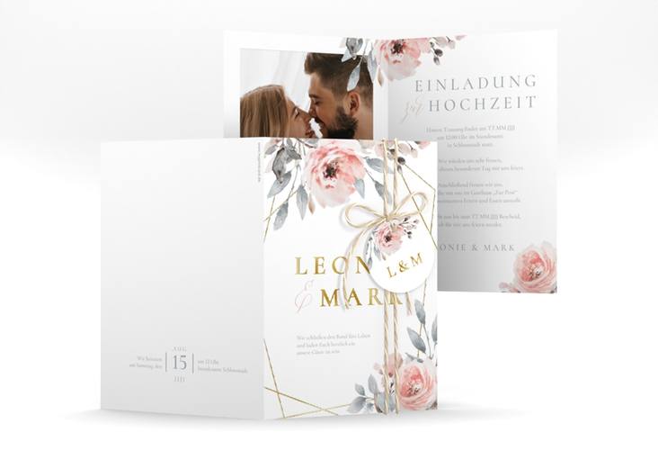 Einladungskarte Hochzeit Perfection A6 Klappkarte hoch weiss gold mit rosa Rosen