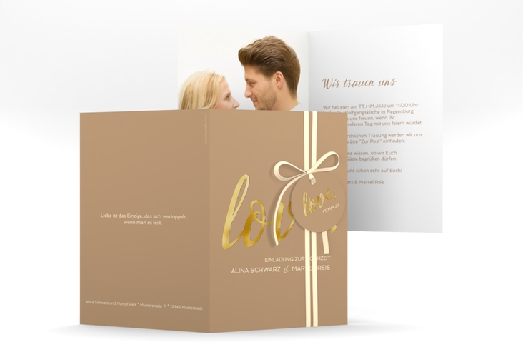 Einladungskarte Hochzeit Glam A6 Klappkarte hoch beige gold