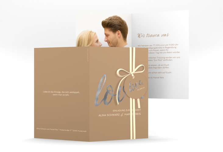 Einladungskarte Hochzeit Glam A6 Klappkarte hoch beige silber