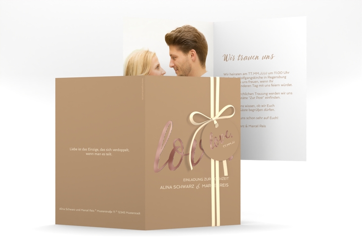 Einladungskarte Hochzeit Glam A6 Klappkarte hoch beige rosegold