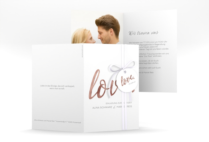 Einladungskarte Hochzeit Glam A6 Klappkarte hoch weiss rosegold