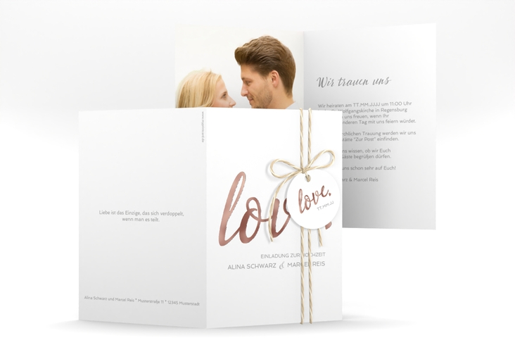 Einladungskarte Hochzeit Glam A6 Klappkarte hoch weiss rosegold
