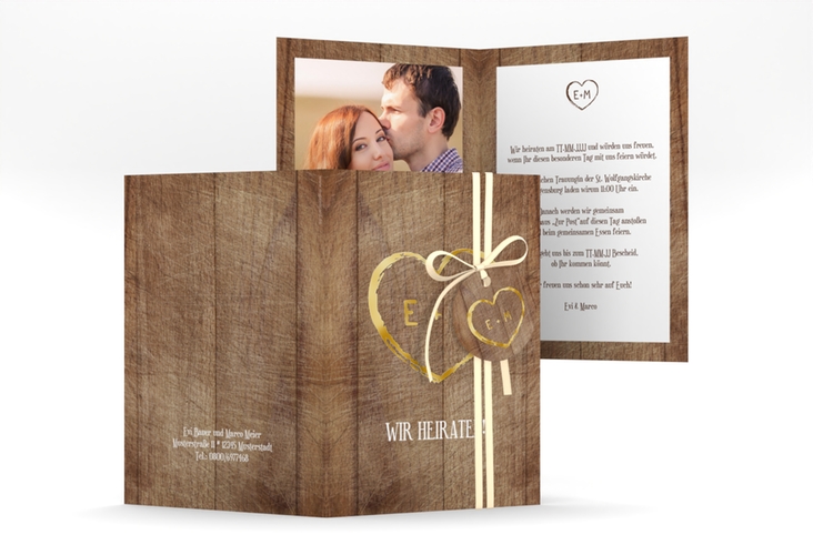 Einladungskarte Hochzeit Wood A6 Klappkarte hoch braun gold