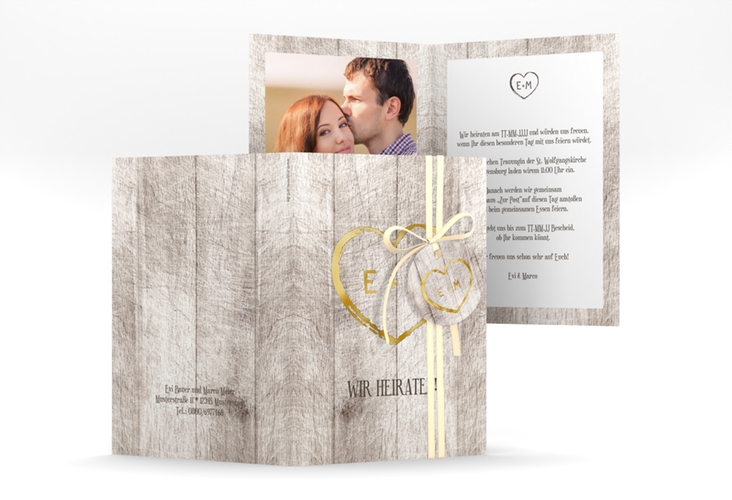 Einladungskarte Hochzeit Wood A6 Klappkarte hoch weiss gold
