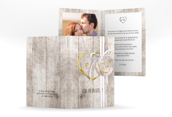 Einladungskarte Hochzeit Wood A6 Klappkarte hoch weiss gold