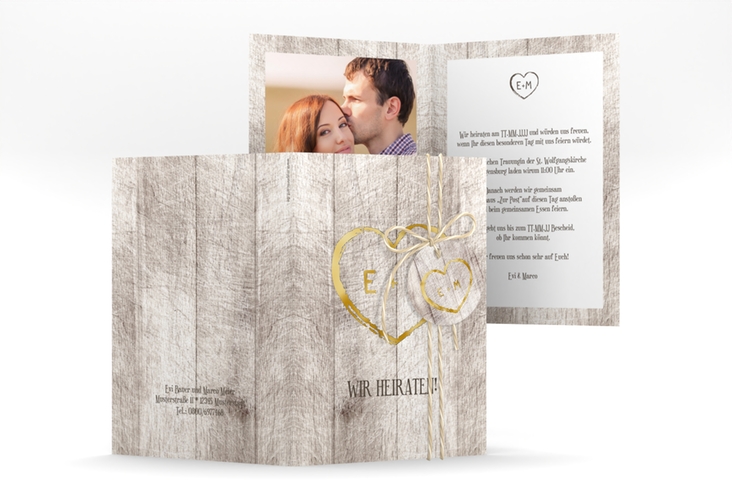 Einladungskarte Hochzeit Wood A6 Klappkarte hoch weiss gold