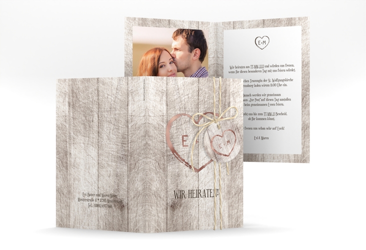 Einladungskarte Hochzeit Wood A6 Klappkarte hoch weiss rosegold
