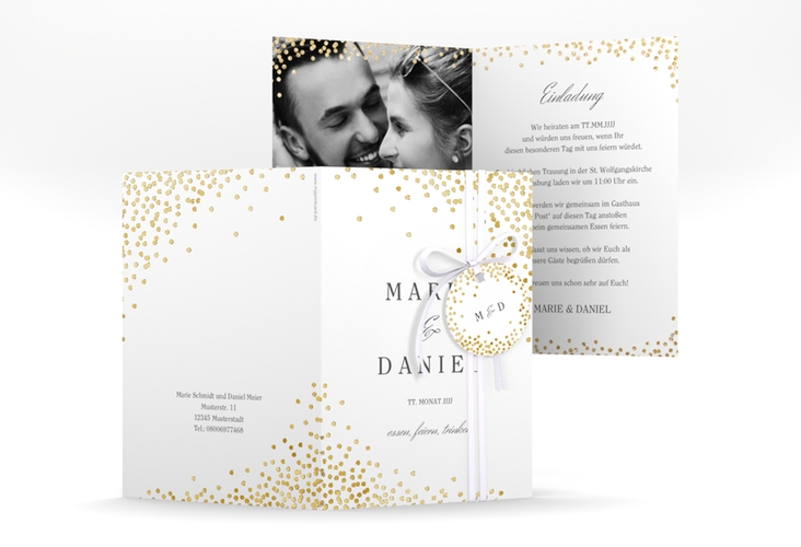 Einladungskarte Hochzeit Glitter A6 Klappkarte hoch weiss gold