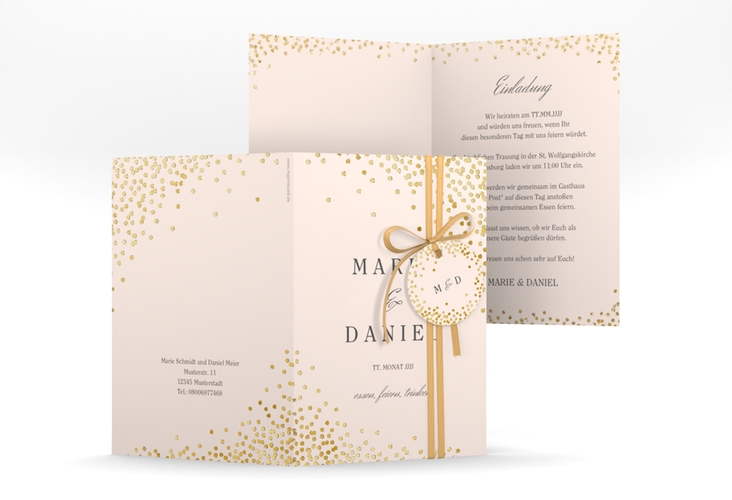 Einladungskarte Hochzeit Glitter A6 Klappkarte hoch rosa gold