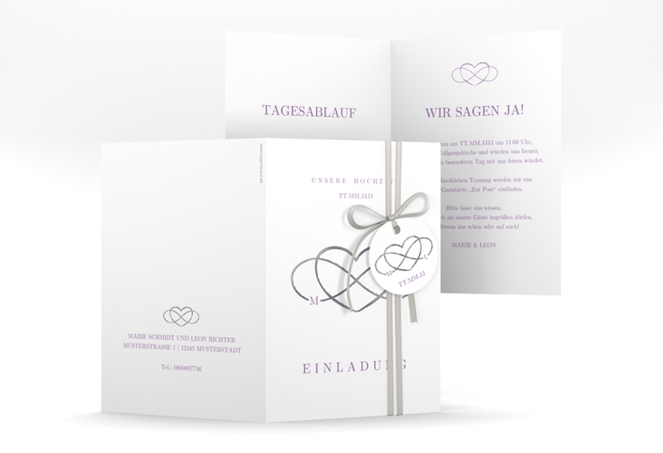 Einladungskarte Hochzeit Infinity A6 Klappkarte hoch lila silber