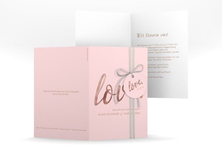 Einladungskarte Hochzeit Glam A6 Klappkarte hoch rosa rosegold