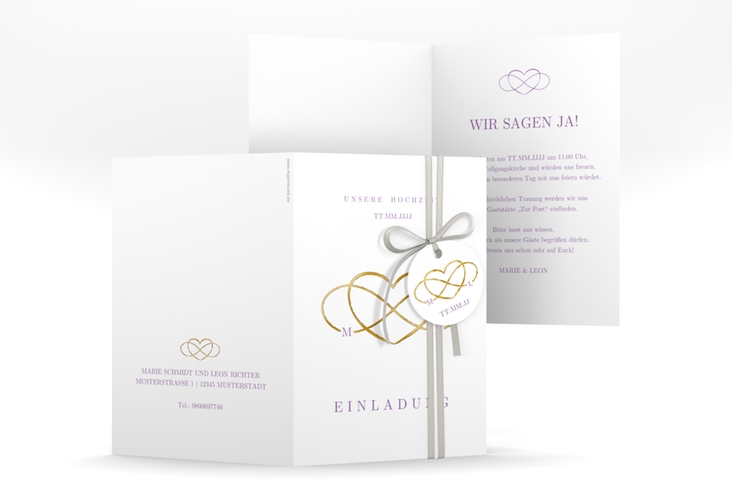 Einladungskarte Hochzeit Infinity A6 Klappkarte hoch lila gold