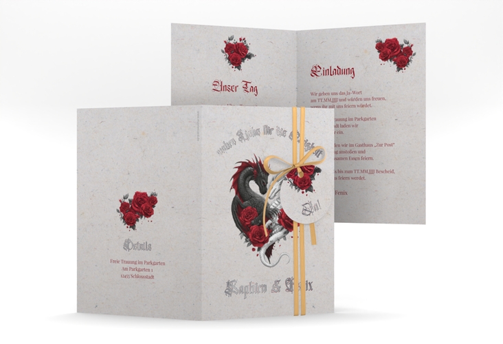 Einladungskarte Hochzeit Drachenliebe A6 Klappkarte hoch grau silber mit schwarzem und weißem Drachen zu einem Herz verschlungen