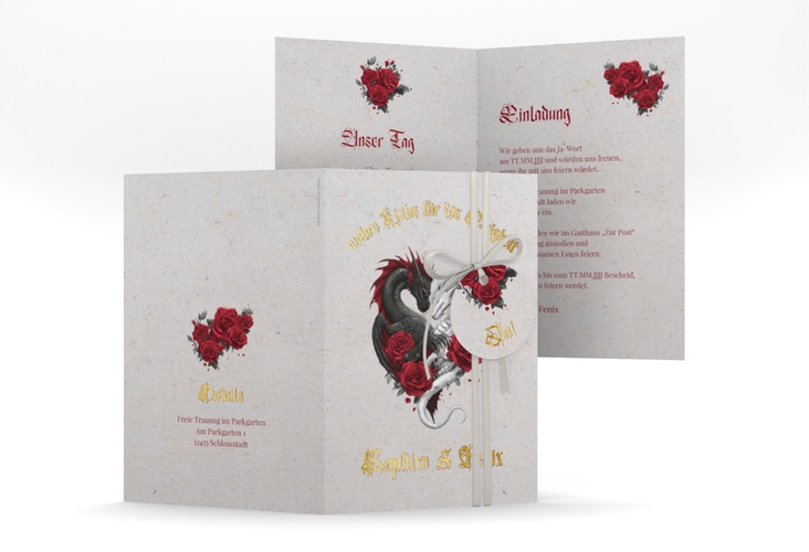 Einladungskarte Hochzeit Drachenliebe A6 Klappkarte hoch grau gold mit schwarzem und weißem Drachen zu einem Herz verschlungen