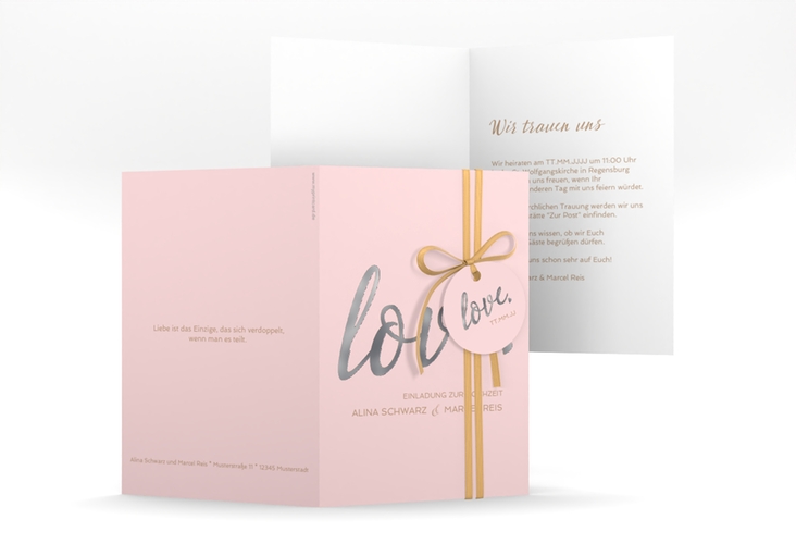 Einladungskarte Hochzeit Glam A6 Klappkarte hoch rosa silber