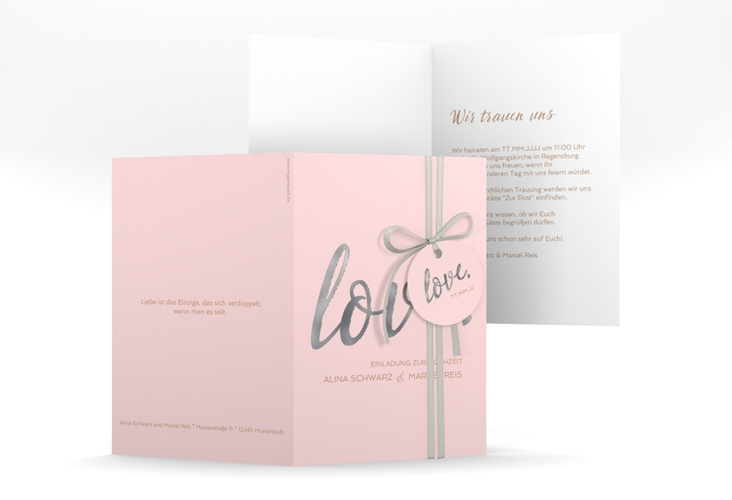 Einladungskarte Hochzeit Glam A6 Klappkarte hoch rosa silber