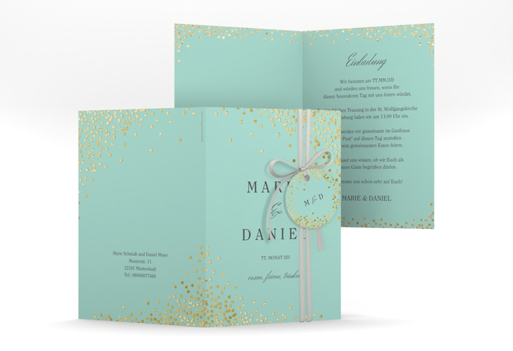 Einladungskarte Hochzeit Glitter A6 Klappkarte hoch mint gold