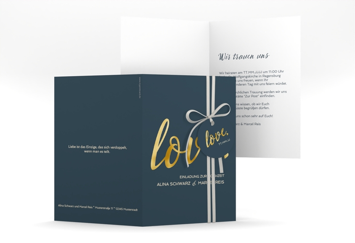 Einladungskarte Hochzeit Glam A6 Klappkarte hoch blau gold