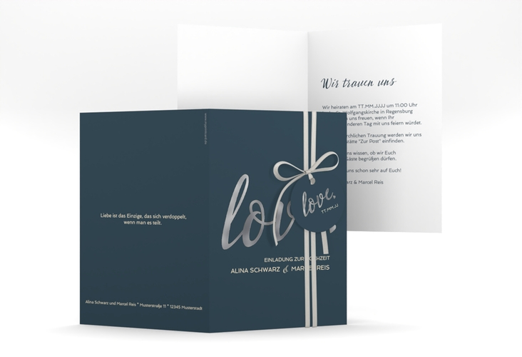 Einladungskarte Hochzeit Glam A6 Klappkarte hoch blau silber